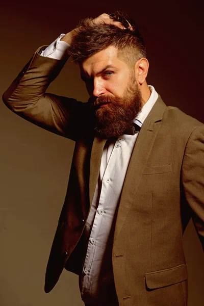 The fashion business not the frothy world of glamour. Bearded man after barber shop. Man with long beard in business wear. Business as usual. Mens fashion. Never ask a barber if you need a haircut — Stock Photo, Image