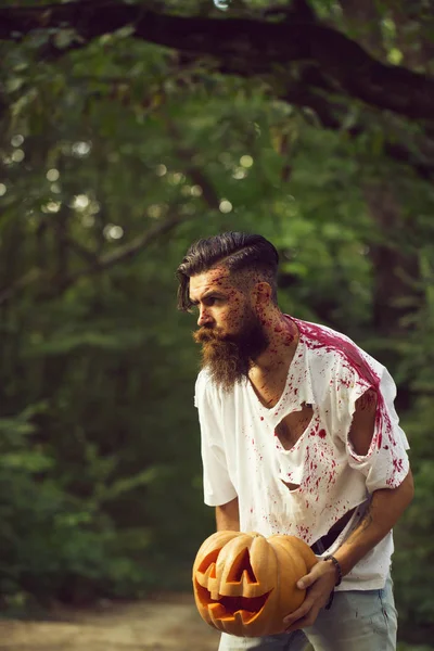 Joven Halloween Barbudo Hombre Con Barba Sangre Roja Con Tradicional — Foto de Stock