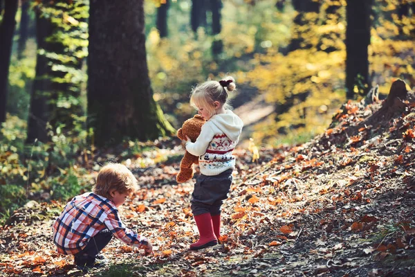 Les enfants actifs jouent à des jeux sur l'air frais dans la forêt d'automne. Repos actif et activités pour enfants en plein air — Photo