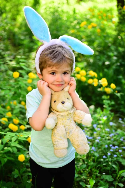 Кролик з кролячими вухами. Заєць іграшка. Щасливого Великодня. Дитинство. Маленький хлопчик у зеленому лісі. Полювання на яйця на весняні канікули. Люблю Великдень. Сімейне свято. Готуємося до Великодня — стокове фото