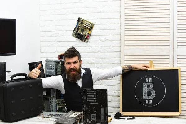 Its probably the best deal. Bearded man bitcoiner give thumbs up to bitcoin cash. Bearded businessman mining bitcoin. Crypto currency mining hardware. Digital money. Bitcoin miner man in server room