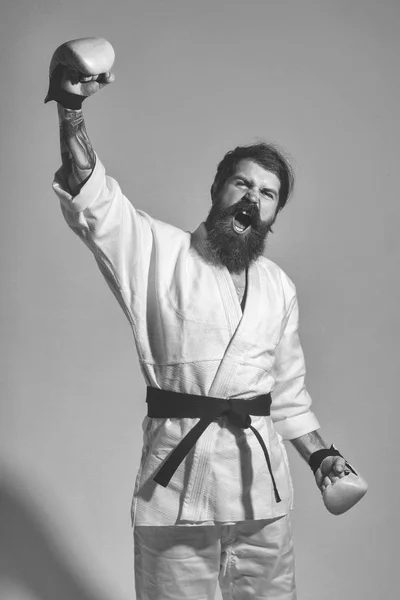 Bearded shouting happy karate man in kimono and boxing gloves — Stock Photo, Image