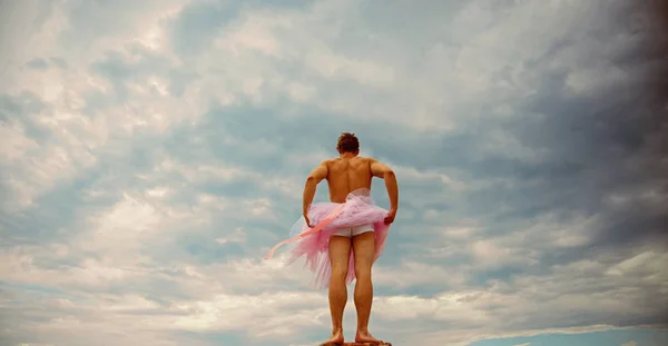 Inspiration and dreaming. Crazy ballerina. drag queen. Man dancing in tutu in ballet studio. Funny man freak. Man in ballerina skirt outdoor. perfect time for party. naughty boy. gay and lesbian