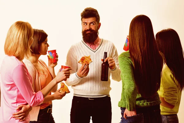 Youth celebrate with drinks and pizza, spend time together, speaking. Students pizza party concept. Students, friends, group mates with teacher in spotlight celebrate, have fun, white background