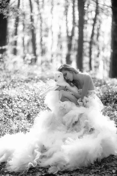 Mulher glamour com cabra na floresta — Fotografia de Stock