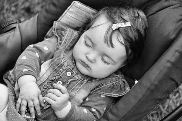 Petite Fille Mignonne Jouant Avec La Poussette De Bébé Image stock