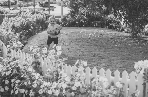 Gyermek játszani a labdát a zöld fű, idilli napján — Stock Fotó