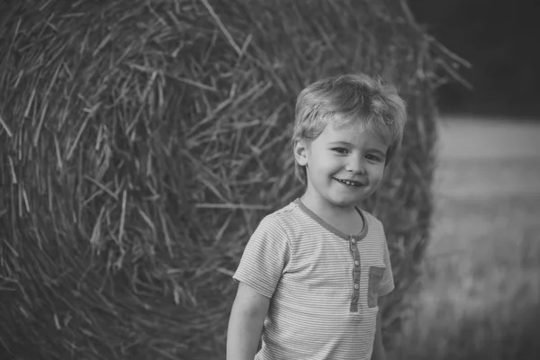 Criança brincar na fazenda ou campo de fazenda, férias — Fotografia de Stock