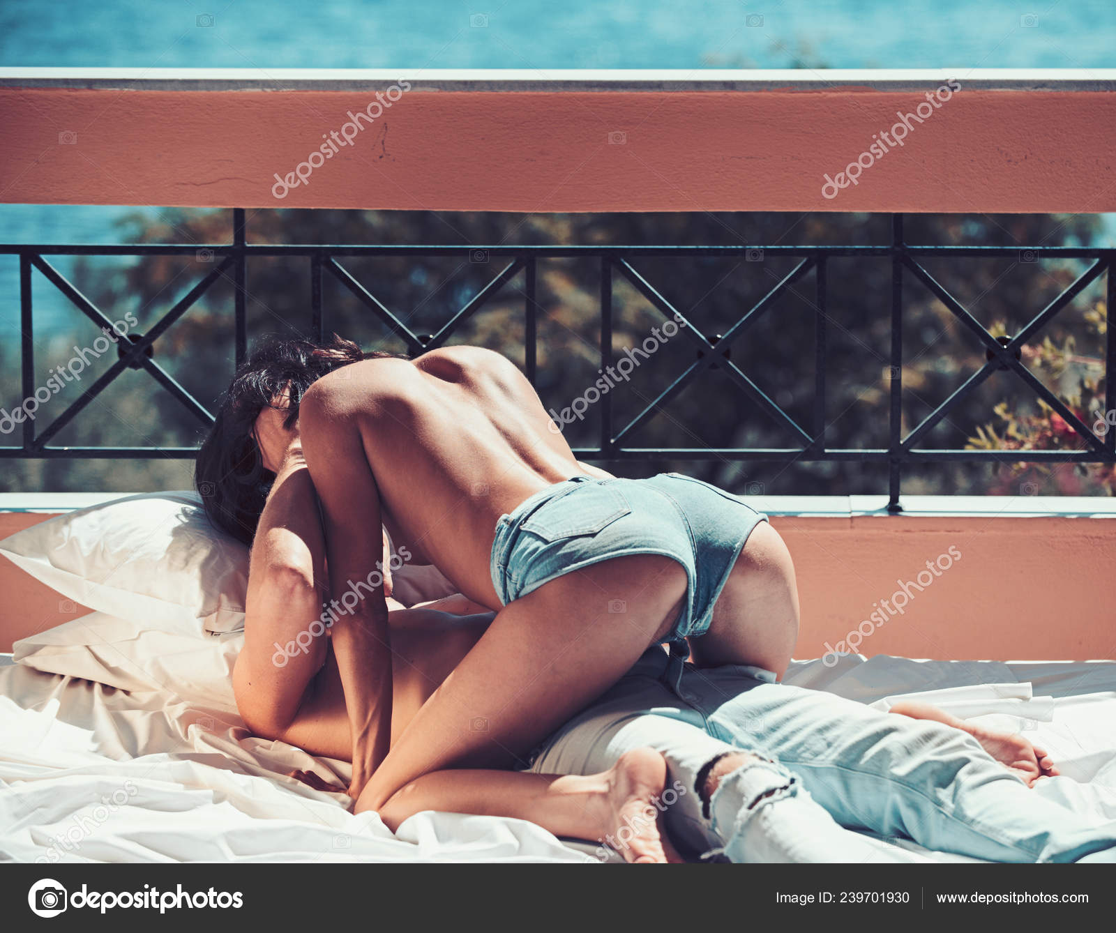 Couple in love with sexy body relax on balcony photo