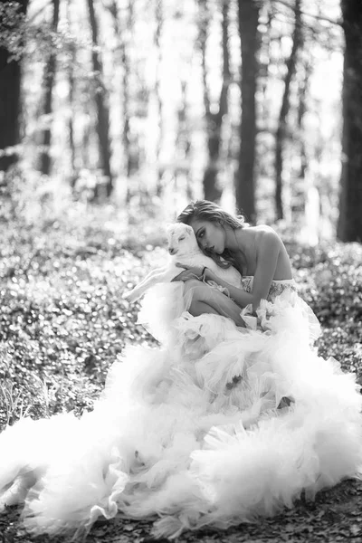Glamour kvinna med getter i skogen — Stockfoto