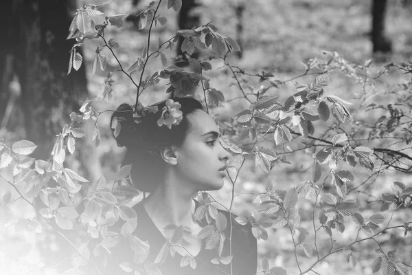Çiçek saç yeşil yapraklarında poz ile güzel kız — Stok fotoğraf