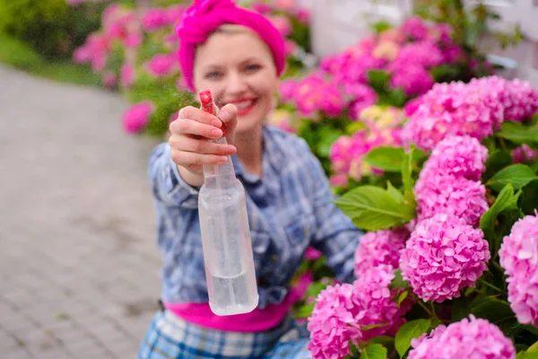 庭の花の世話を女性。幸せな女庭師の花。温室の花。アジサイ。春と夏。花の世話と水やり。土壌と肥料。仕事で庭師 — ストック写真