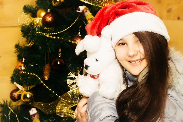 クリスマスの熊と笑顔の女の子 — ストック写真