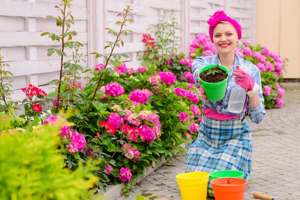 Женщина ухаживает за цветами в саду. гортензии. Весна и лето. Уход за цветами и полив. почвы и удобрения. счастливая женщина садовница с цветами. Парниковые цветы. Делая твою жизнь цветной — стоковое фото