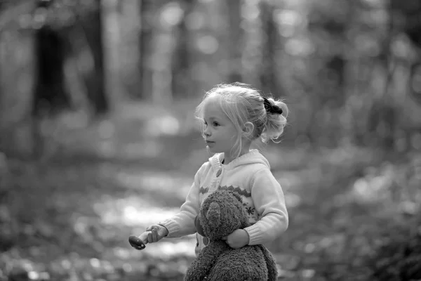 Little girl with toy bear in autumn park — Stock Photo, Image