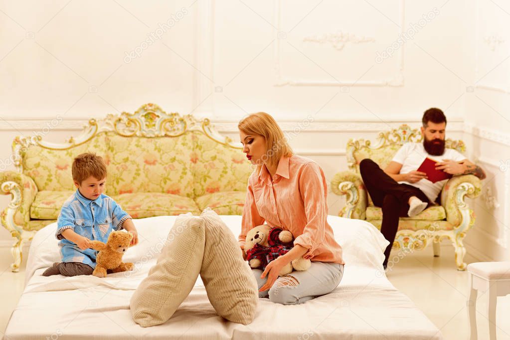 father and mother with child play toys. little boy play with parents at home. happy family and childrens day. happy childhood. Care and development. Little boy with dad and mom. Seizing the moment