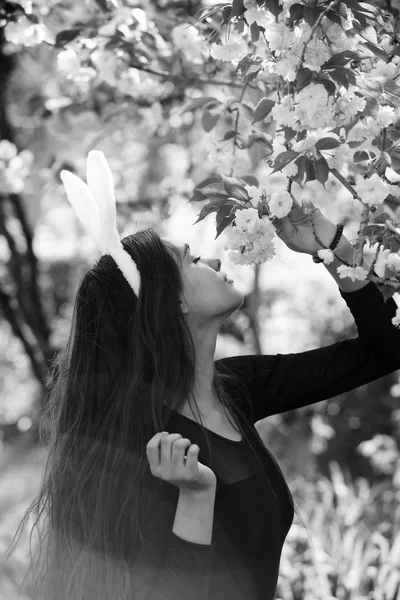 Menina com orelhas rosadas coelho cheirando flores sakura na primavera — Fotografia de Stock