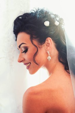 Düğün sabah hazırlık. Mutlu gelin düğün gününde gülümsemek. Profesyonel makyaj ile şehvetli kadın. Kadın esmer saç gelin peçe ile. Glamour görünüm ve güzellik kız moda