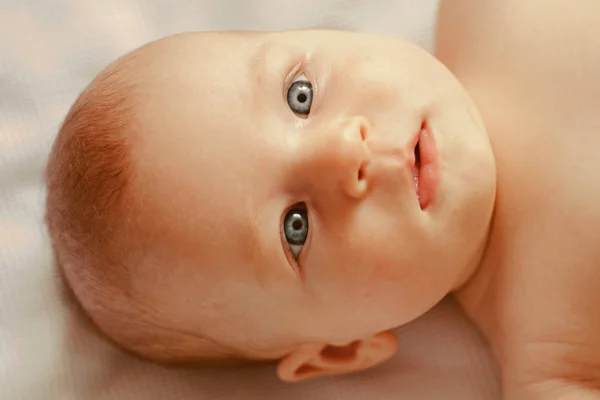 Características adorables. Bebé o niño recién nacido. Bebé recién nacido con piel suave. Cuidado de la piel para el bebé feliz. Delicadeza de rasgos. Lindo y feliz —  Fotos de Stock