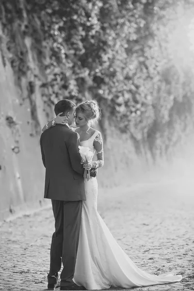 Красивая свадебная пара у каменной стены — стоковое фото