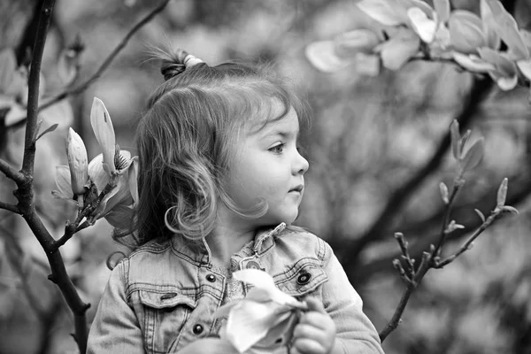 Menina no jardim florescente no dia de primavera — Fotografia de Stock