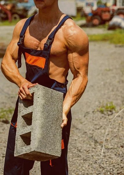 Strong concept. Brick in strong hands. Strong arms with biceps and triceps hold heavy brick. Strong and muscular