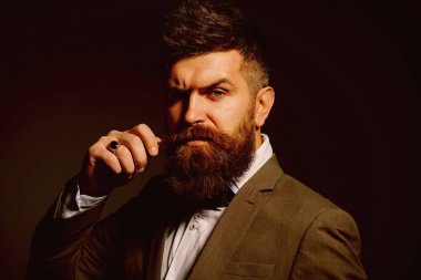 People in fashion treat it as a business. Bearded man after barber shop. Man with long beard in business wear. Business as usual. Mens fashion. Barber in shop clipart