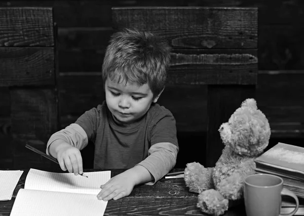 Μικρό Παιδί Γράφει Βιβλίο Επιμελής Αγόρι Επιστολές Μάθηση Εκμάθηση Έννοια — Φωτογραφία Αρχείου
