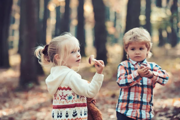 Junge und Mädchen auf Waldpfad nach Pilzen Kinder halten Pilz in der Hand — Stockfoto