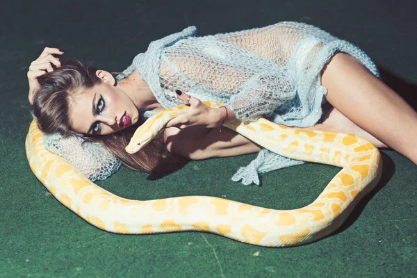 Hermosa mujer morena sosteniendo serpiente pitón, tentación —  Fotos de Stock