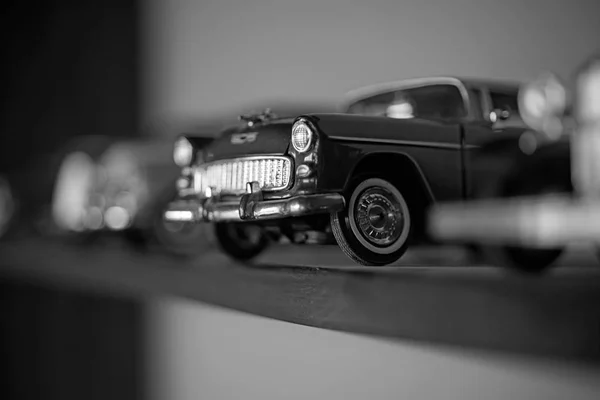 A close attention to the details. Retro styled cars. Toy cars with retro design. Retro car models on shelf. Classic model vehicles or toy vehicles. Miniature collection of automobiles — Stock Photo, Image