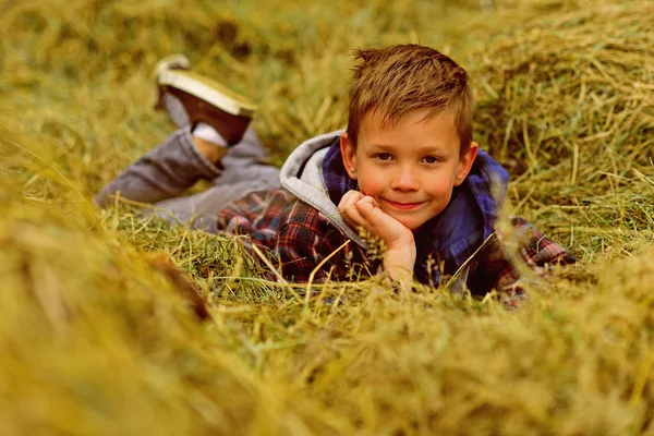 Small dreamer. Small boy relax in haystack. Small boy daydreaming in haystack hill. Looking for a needle in a haystack