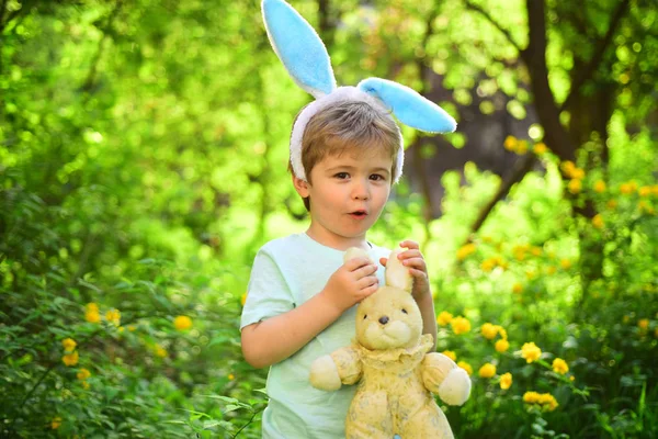 Люблю Великдень. Сімейне свято. Полювання на яйця на весняні канікули. Щасливого Великодня. Дитинство. Маленький хлопчик у зеленому лісі. Кролик з кролячими вухами. Заєць іграшка. Великодній декор — стокове фото