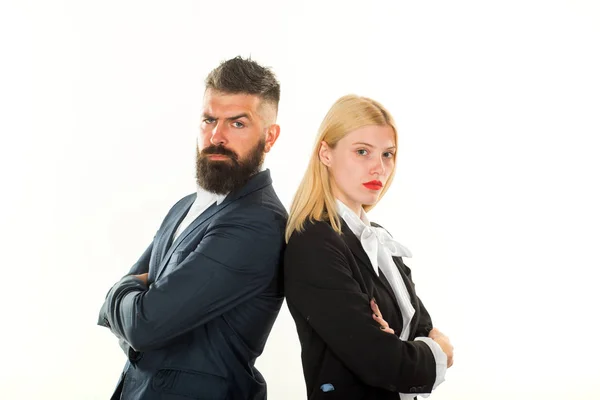 Empresário a trabalhar juntos. Empresário isolado - homem bonito com mulher em pé sobre fundo branco. Conceito de negócio . — Fotografia de Stock