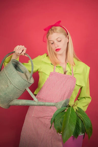 Blumen gießen. Gärtnerin beim Pflanzen von Blumen. niedliche blonde Gartenarbeit im abgeschiedenen Hintergrund. Blumen pflanzen. — Stockfoto