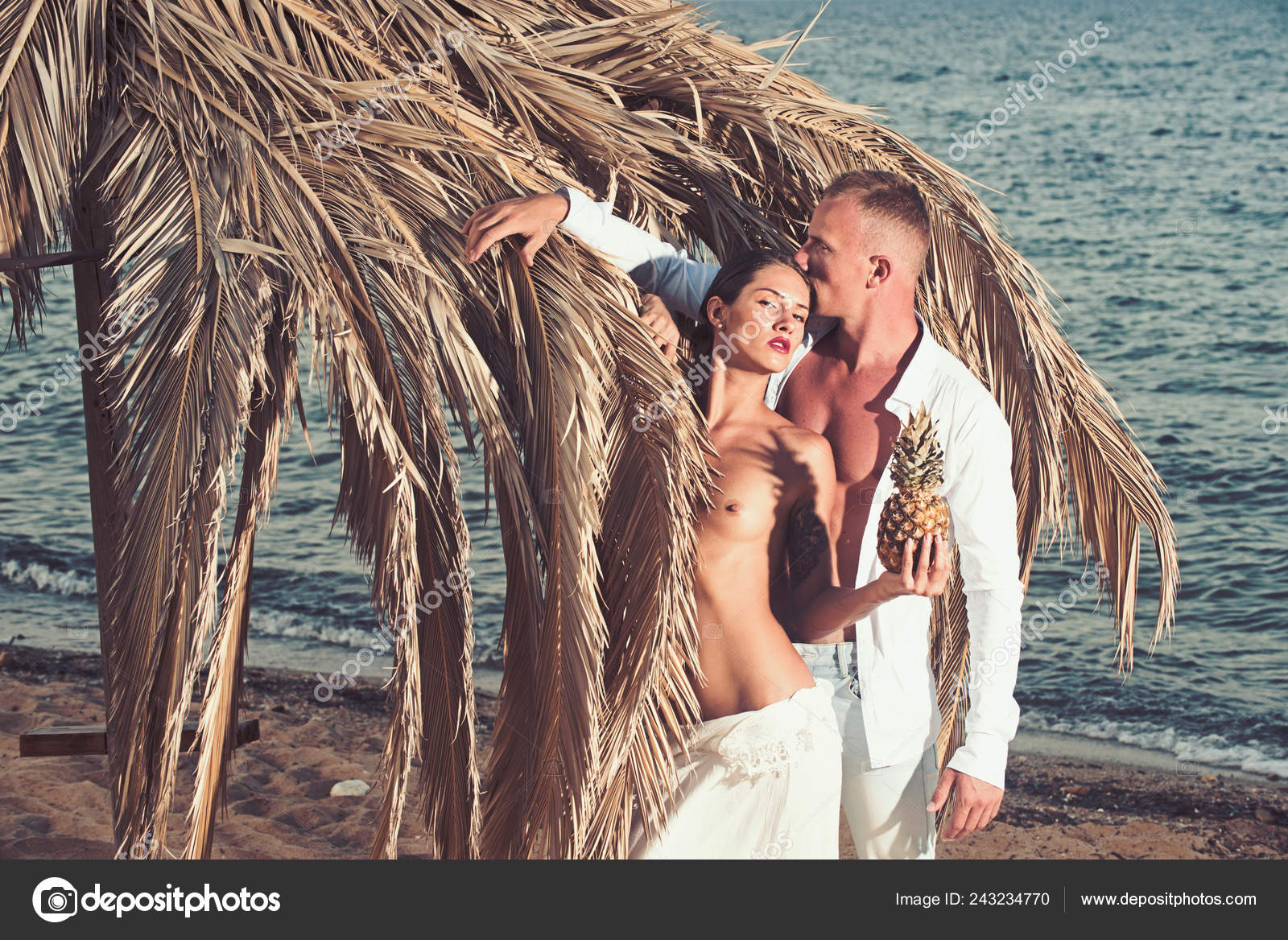 Family And Valentines Day Sexy Woman And Man With Pineapple Couple In Love With Sexy Body Relax On Beach Summer Holidays And Paradise Travel Vacation Love Relations Of Naked Couple On Sea