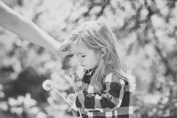 Дитяча кульбабаба для удару і жіноча рука охайне дитяче волосся — стокове фото