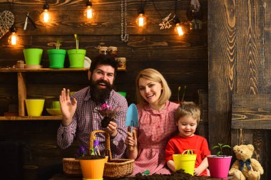 kadın, adam ve küçük çocuk çocuk Doğayı seviyor. bahar çiçekleri ile mutlu bahçıvanlar. Çiçek Bakımı sulama. Toprak gübre. Aile günü. Sera. Baba ve anne ile oğul. Seni seviyorum anne