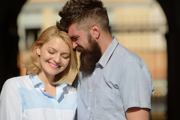 Feeling love and romance. Sensual woman and bearded man enjoy romantic date. Couple in love on summer day. Loving couple of woman and hipster dating outdoor. Simple joy of loving