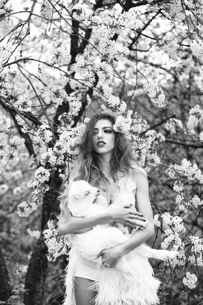 Mujer con cabra en flor — Foto de Stock