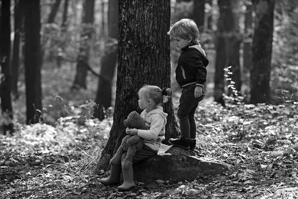子供たちの活動と活動的な残り。兄と妹は、新鮮な空気で楽しい時を過します。子供たちは秋の森で遊ぶ。子供と子供の友情、愛し、信頼します。リトルボーイと森の中でキャンプのガール フレンド — ストック写真
