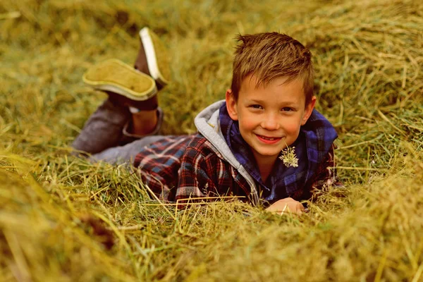 L'agricoltura è nel mio cuore. Ragazzino rilassati nel fienile. Il bambino gode del tempo libero in campagna. Vai biologico e naturale. Riportare la diversità all'agricoltura — Foto Stock