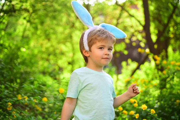 Um miúdo coelho com orelhas de coelho. Lebre. Caça ao ovo nas férias da primavera. Adoro Páscoa. Férias em família. Criança na floresta verde. Feliz Páscoa. Infância. Hora da Páscoa — Fotografia de Stock