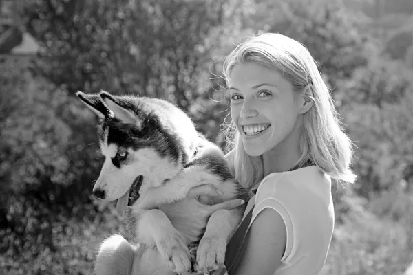 Caring for her friend. Sexy woman with dog pet on summer day. Happy girl hold pedigree dog. Happy dog owner play with family pet outdoor. This girl loves her siberian husky — Stock Photo, Image