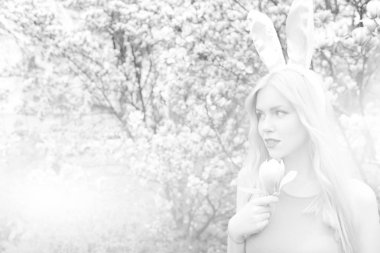 Manolya çiçek tutan tavşan kulaklı kız