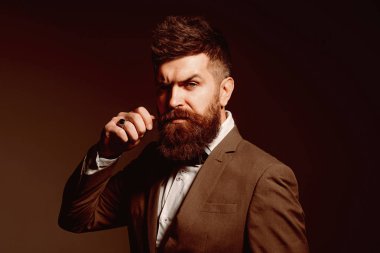 I prefer a barber to a hair stylist. Mens fashion. Man with long beard in business wear. Business as usual. Bearded man after barber shop. Fashion industry. Being a business person clipart