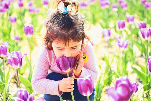 Horké léto. obličej a péče o pleť. alergie na květiny. Malé dítě. Přírodní krásy. Den dětí. Malá holčička v jarní Slunečné. Letní móda dívka. Šťastné dětství. Jarní tulipány. Předpověď počasí — Stock fotografie