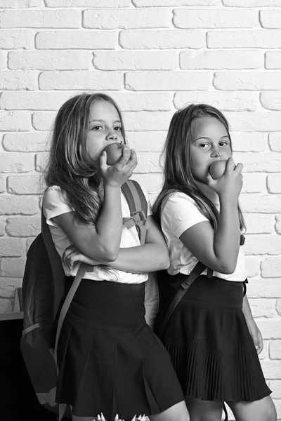 De volta à escola e tempo feliz Crianças bonitas comendo maçãs. As crianças estão aprendendo na aula no fundo da parede de tijolo — Fotografia de Stock