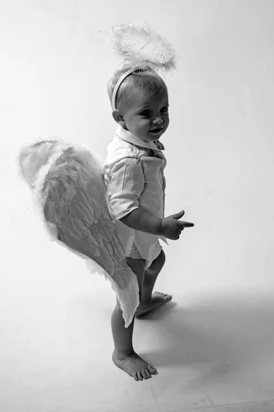 마법의 순간을 즐기고 있다. 천사 날개와 후광 작은 소년. 아기 천사입니다. 사랑 스러운 작은 천사 소년. 귀여운 발렌타인 큐 피드 또는 아기 천사 아기. 크리스마스 천사입니다. 크리스마스 파티 축 하 — 스톡 사진
