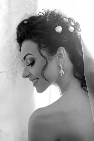 Preparação da manhã de casamento. Feliz sorriso de noiva no dia do casamento. Mulher sensual com maquiagem profissional. Mulher com véu de noiva no cabelo morena. Menina da moda com glamour olhar e beleza — Fotografia de Stock